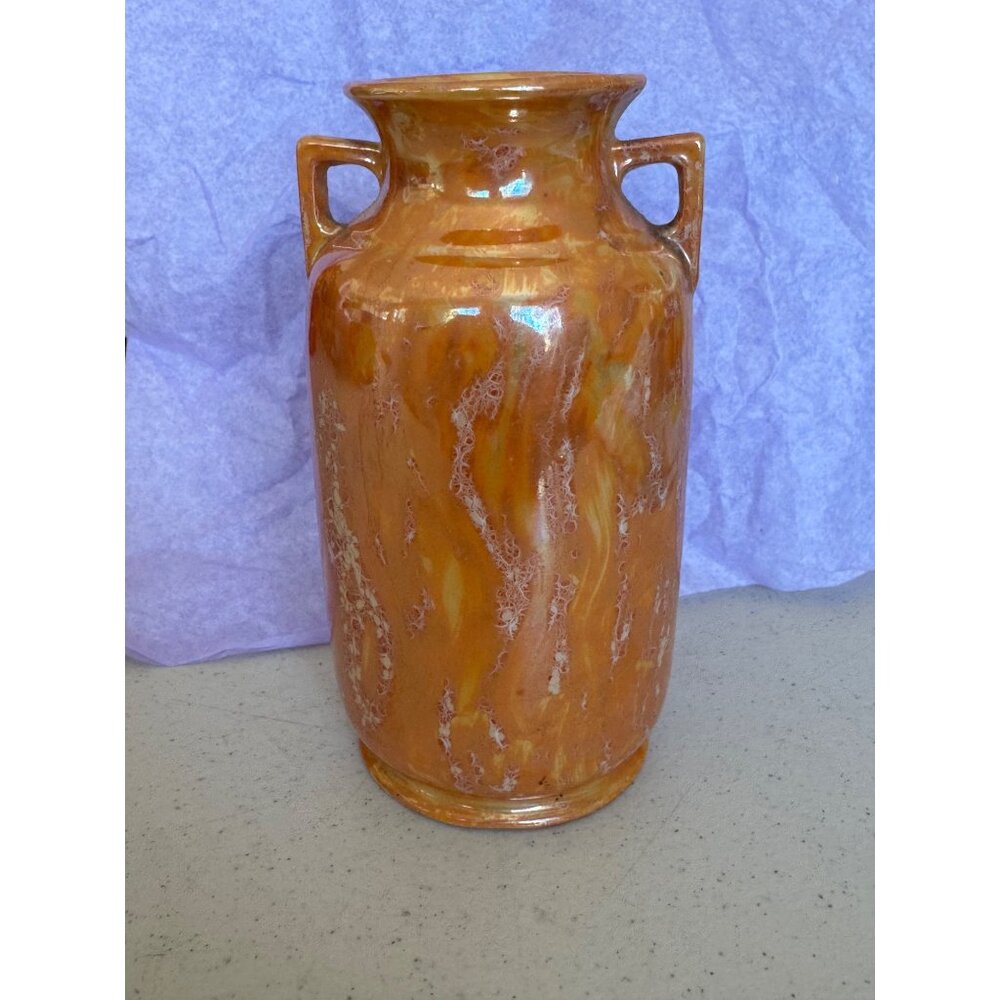 Art Deco Peach Luster Ware Dual Square Handles Vase 5" Tall